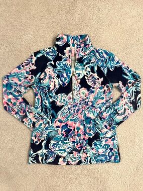 Lilly Pulitzer Floral Half-Zip Skipper Popover Pullover in Navy, Teal & Pink
